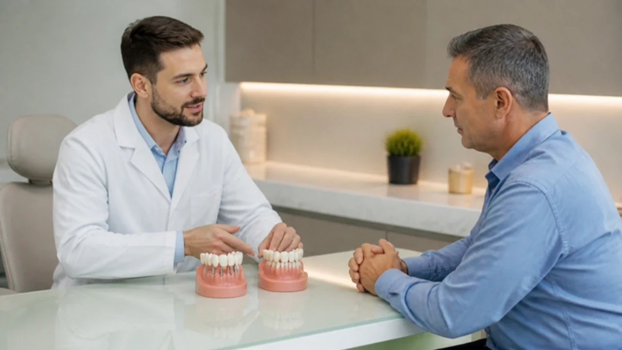 Dentista explicando a diferença entre implante e prótese a um paciente