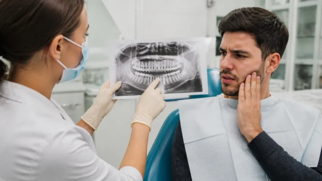 Paciente com dor segurando o rosto ao lado da dentista que examina radiografia do siso