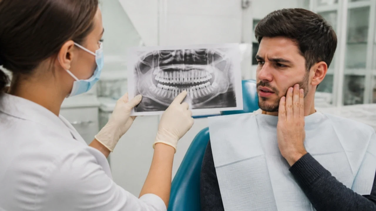 Paciente com dor segurando o rosto ao lado da dentista que examina radiografia do siso