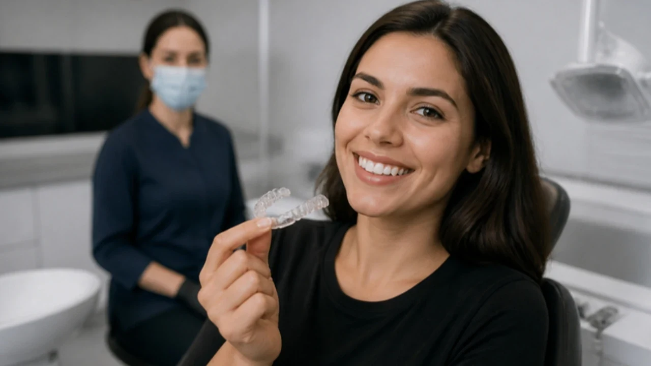 Mulher sorrindo segurando um alinhador transparente de aparelho invisível