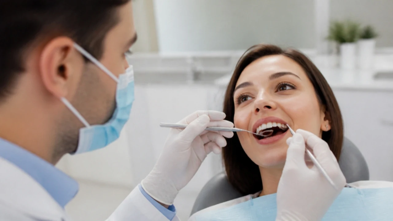 Dentista examinando o sorriso de uma paciente com espelho clínico