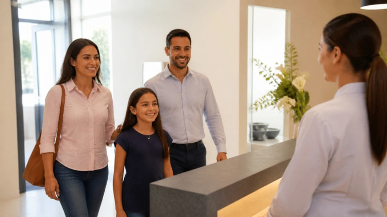 Família chegando sorrindo à recepção de uma clínica odontológica