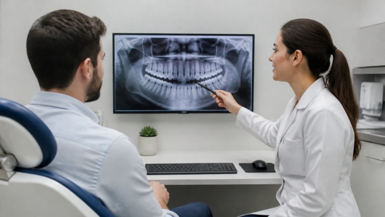 Dentista e paciente conversando sobre o plano de tratamento diante de uma radiografia panorâmica