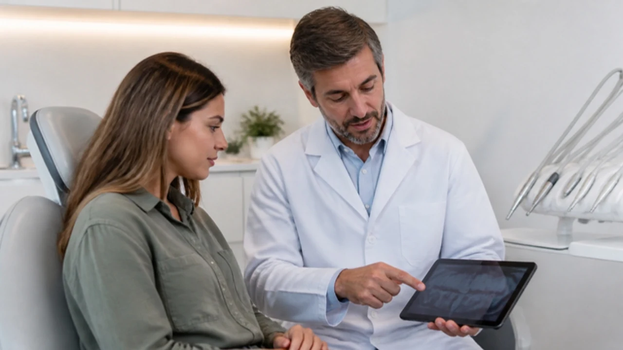 Dentista mostrando opções de tratamento em um tablet para uma paciente