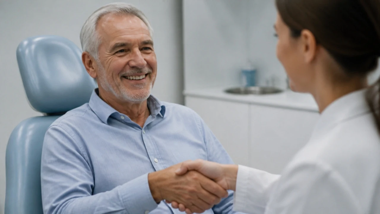 Paciente sorridente apertando a mão da dentista ao fim da consulta