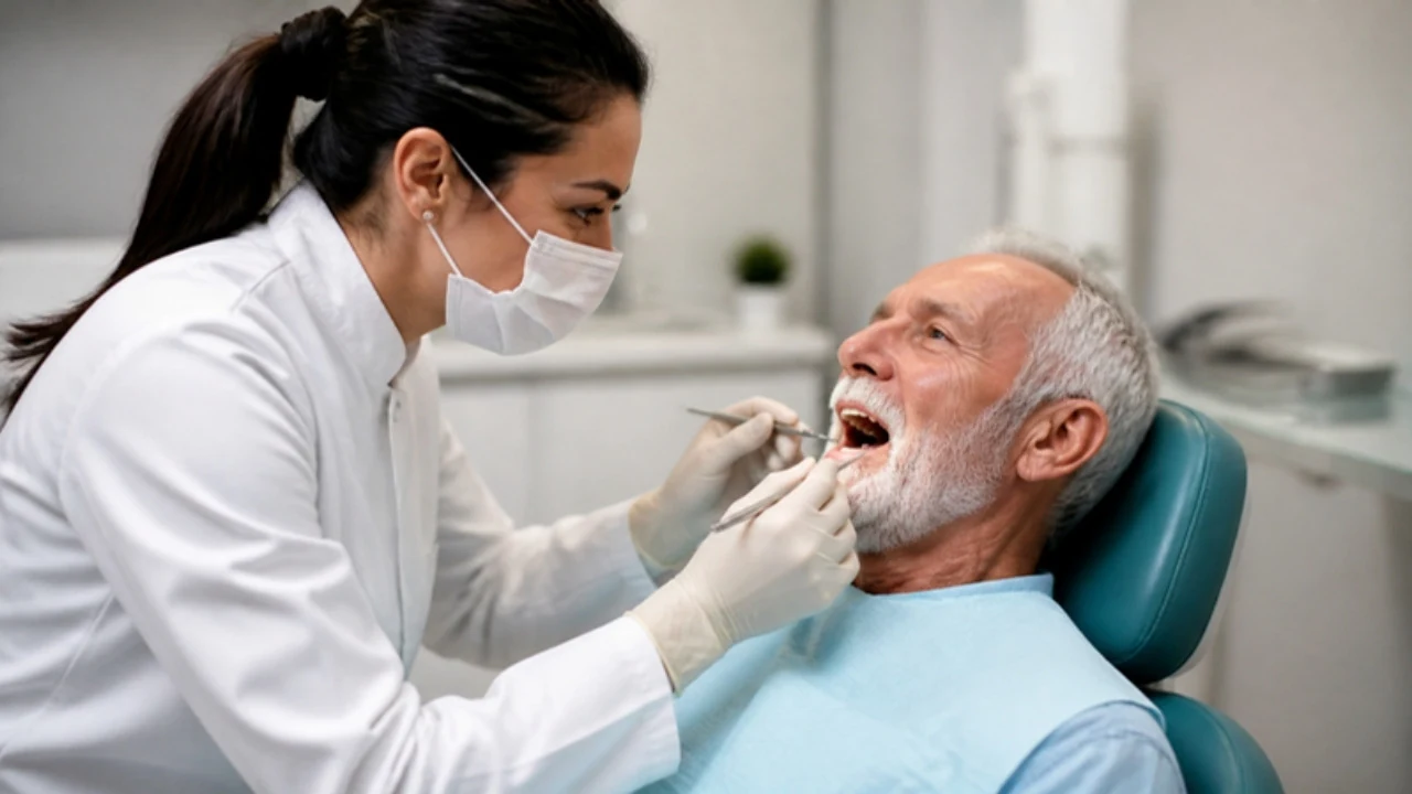 Dentista examinando a boca de um paciente idoso para avaliar implante ou prótese