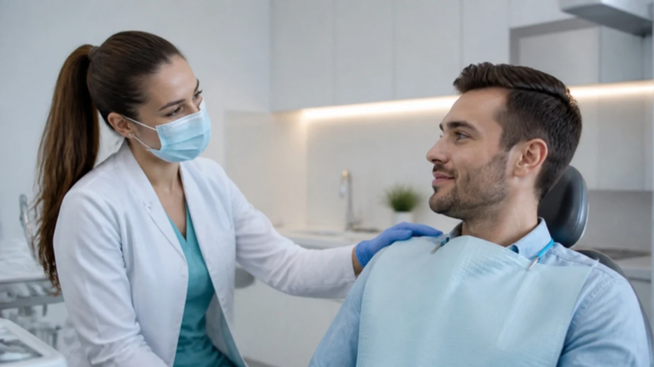 Dentista conversando de forma tranquilizadora com o paciente antes da anestesia