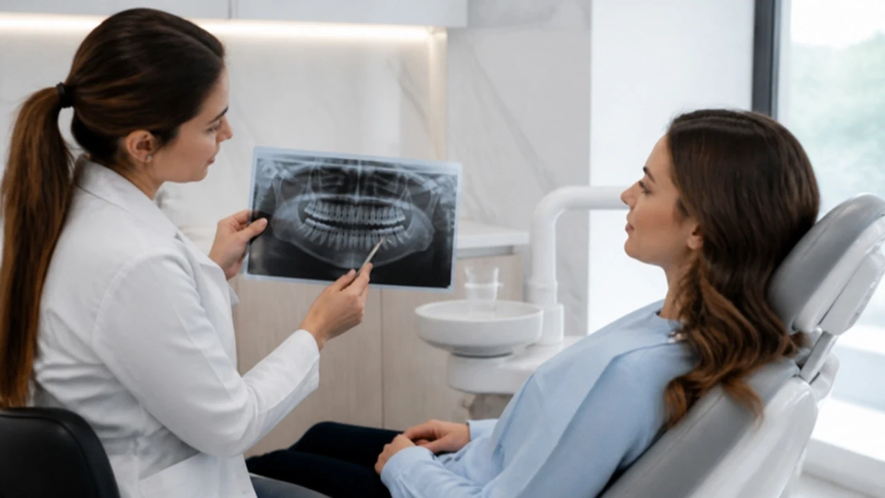 Dentista mostrando a radiografia dos sisos a uma paciente