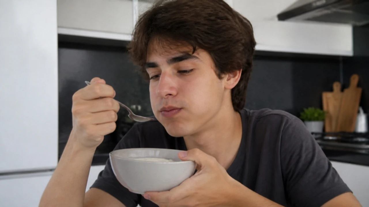 Jovem tomando sopa em casa durante a recuperação após extração de siso