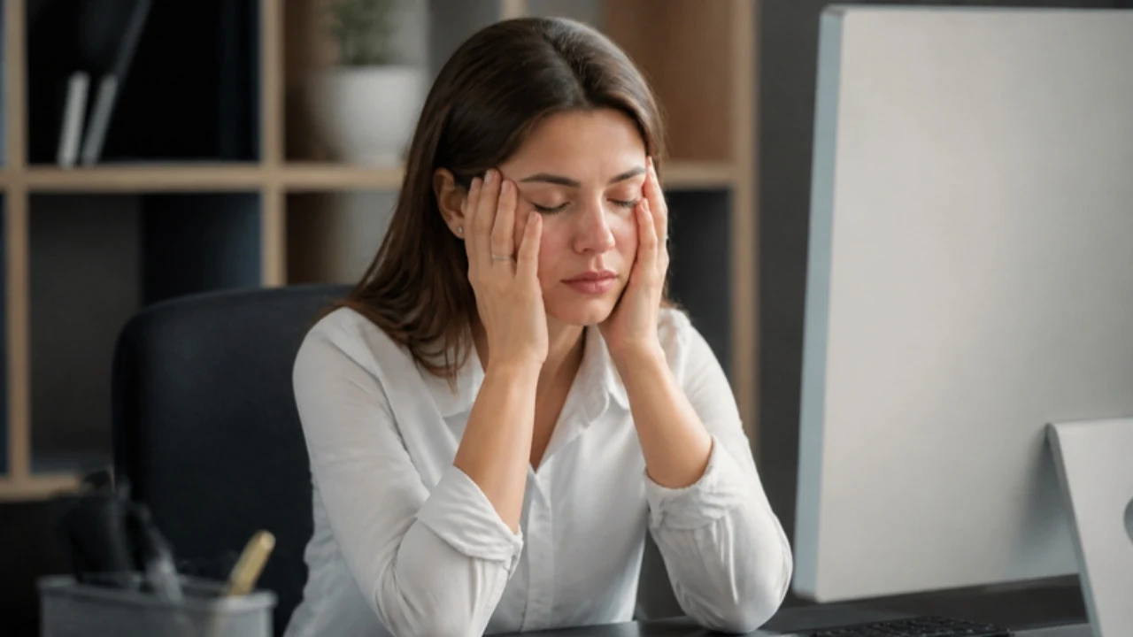 Mulher estressada no trabalho massageando a mandíbula
