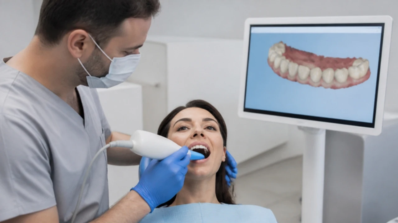 Dentista usando escâner intraoral nos dentes de uma paciente